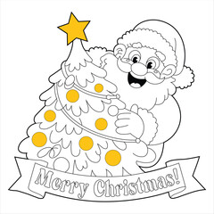 Santa Claus with Christmas Tree Coloring Page. Merry Christmas Outline Vector and Illustration.