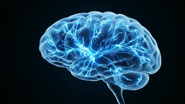 A 3D animation of the human brain shows neurons firing and creating a complex network of thoughts memories and electrical signals.