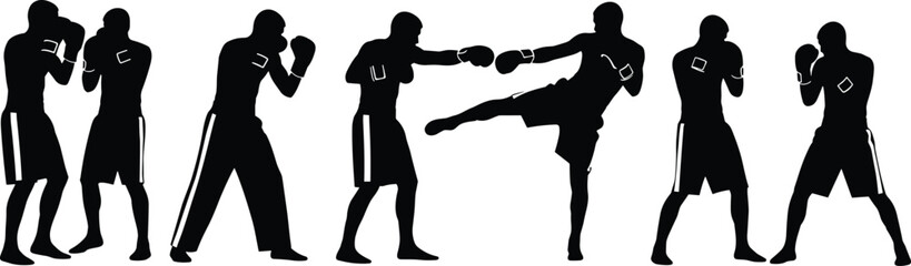 Silhouettes of boxing and martial arts fighters, punching, kicking, defensive stances, combat sports, fitness training, self defense, active lifestyle concepts
