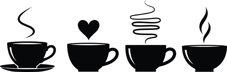 Silhouettes of coffee cups with steam designs, heart shape, spiral and wavy lines, hot drink, beverage, café illustration concept