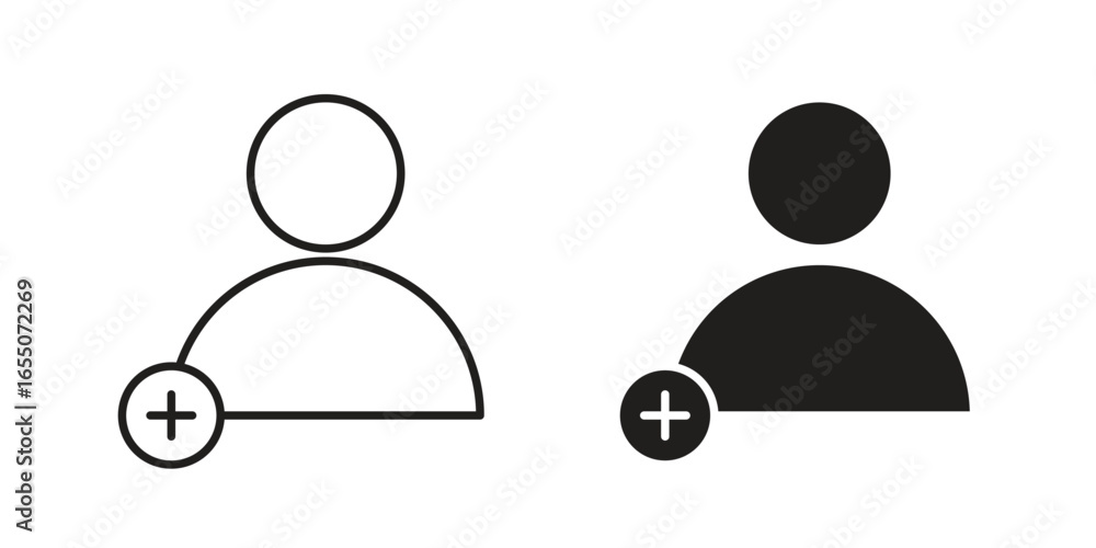 Poster two simple add user icons, one line art, one filled, isolated on white. perfect for web design or ap