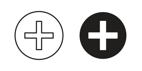 Two plus sign icons, one black and one white, inside circular frames, isolated on white.