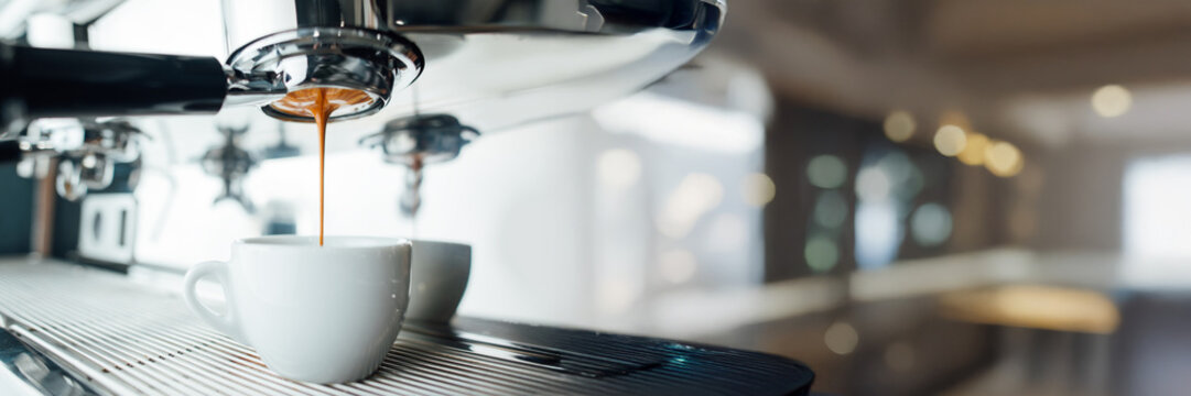Espresso Pouring Into Cup Wide Banner With Copy Space - Powered by Adobe