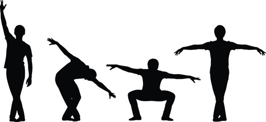 Silhouettes of four people in dynamic poses, dance or exercise movement, vector art, black design, performing arts, fitness illustration, isolated background