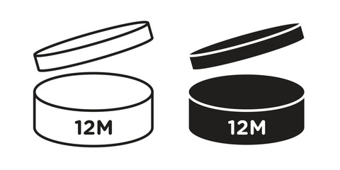 Two simple icons of an open jar with a lid and a 12M label, one black and one white, isolated on white.