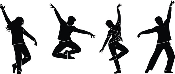 Silhouettes of four dancers in dynamic poses, diverse dance styles, expressive movement, vector art, black design, performing arts illustration, isolated background