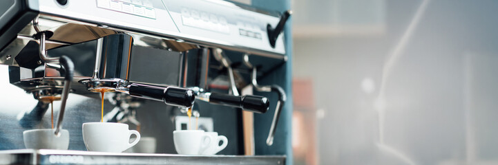 Espresso Machine Brewing in Wide Banner with Copy Space