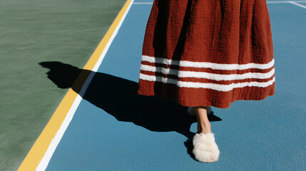 A woman in a long brown skirt, reminiscent of a peruvian pollera, crosses a tennis court in white slippers - the traditional attire clashing vividly with the sport’s modern backdrop.