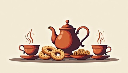 Obraz premium Illustration of a tea set with steaming cups and cookies on a beige background for food and beverage concept 