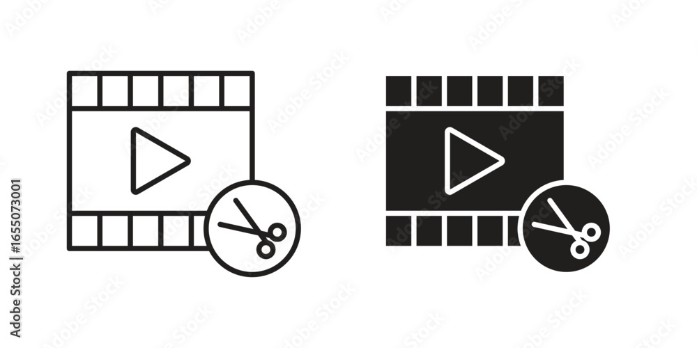 Poster two simple video editing icons: one line art, one solid black, both showing a filmstrip with a play 
