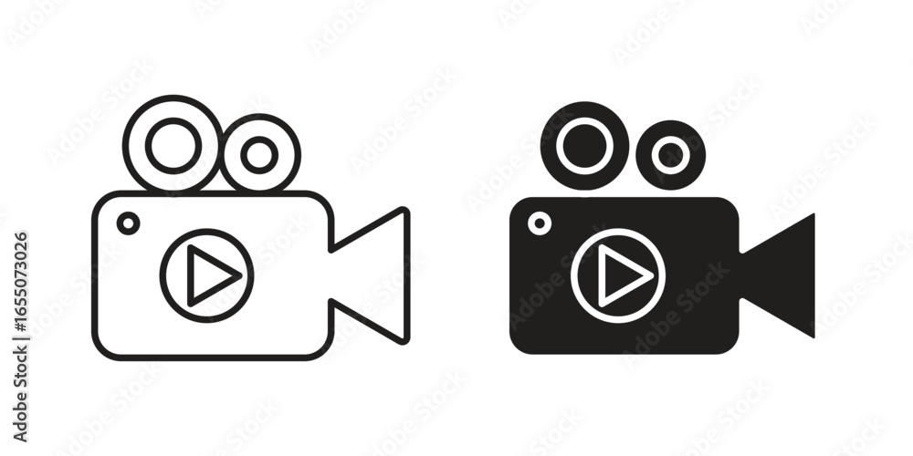 Poster two vector icons of a video camera, one in line style and one solid, isolated on white.