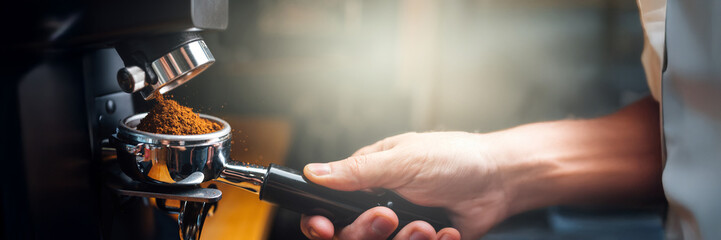 Espresso Preparation in a Wide Banner with Copy Space