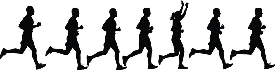 Silhouettes of running people in dynamic poses, athletic motion, fitness, marathon, jogging, sports training, exercise, active lifestyle, celebration concepts