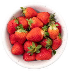 Fresh strawberries in bowl isolated on white background. Top view