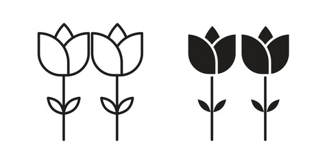 Simple line art and solid black icons of two tulips isolated on white. Perfect for spring designs.