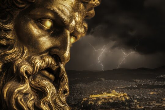 Greek mythology, Zeus with lightning in his hand and an ancient city in the background