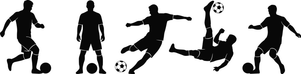 Soccer player silhouettes, dribbling ball, standing pose, kicking ball, bicycle kick, football action, dynamic movement, sport, game, competition, skill, agility, silhouette, vector, design, black