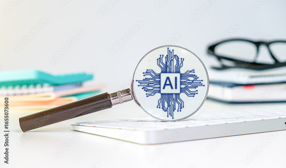 Poster a magnifying glass is on a keyboard with the word ai on it