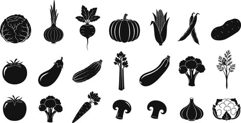 Vegetable silhouettes, cabbage, onion, beetroot, pumpkin, corn, green beans, potato, tomato, eggplant, cucumber, celery, zucchini, broccoli, carrot, mushroom, garlic, cauliflower, black, white, vector