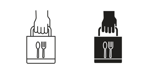 Line art and solid icon of a hand holding a food delivery bag with spoon and fork symbols. Isolated on white.