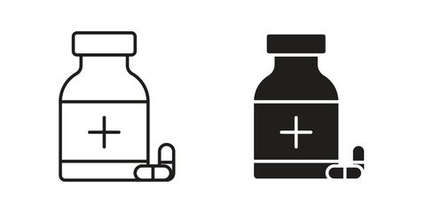 Two vector icons depicting a medicine bottle with a plus symbol and two pills. Line art and solid versions included.