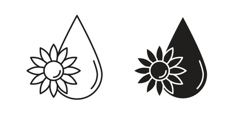 Two simple line art icons: a water drop with a sunflower, one black and one line drawing. Isolated on white.