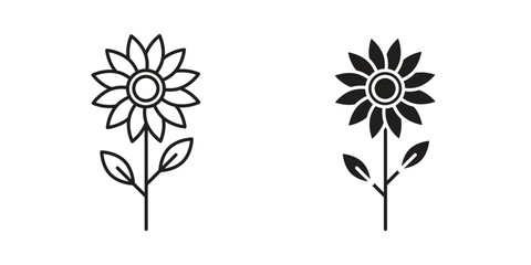 Fototapeta premium Two simple sunflower icons, one line art and one solid black, isolated on white.