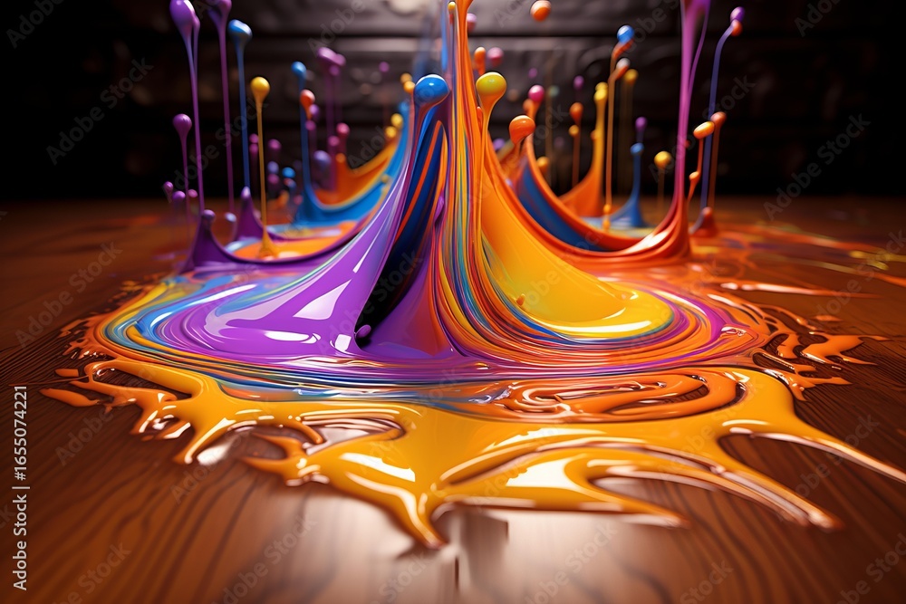 Aufkleber dynamic paint splash creating colorful patterns on a wooden surface, a vibrant illustration of artis