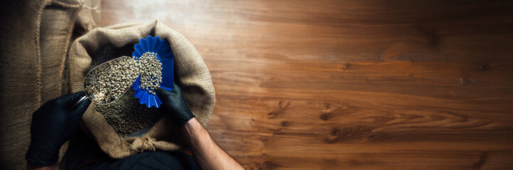 Coffee Beans in Sack with Copy Space Wide Banner