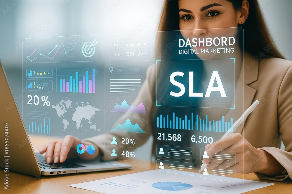 Poster futuristic data analysis with digital marketing dashboard interface