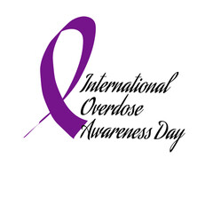 Vector design featuring a purple ribbon and calligraphy text International Overdose Awareness Day, representing prevention, remembrance, and global awareness against drug overdose
