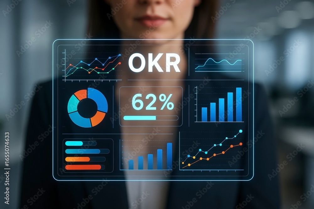 Aufkleber futuristic digital dashboard displaying okr metrics and graphs