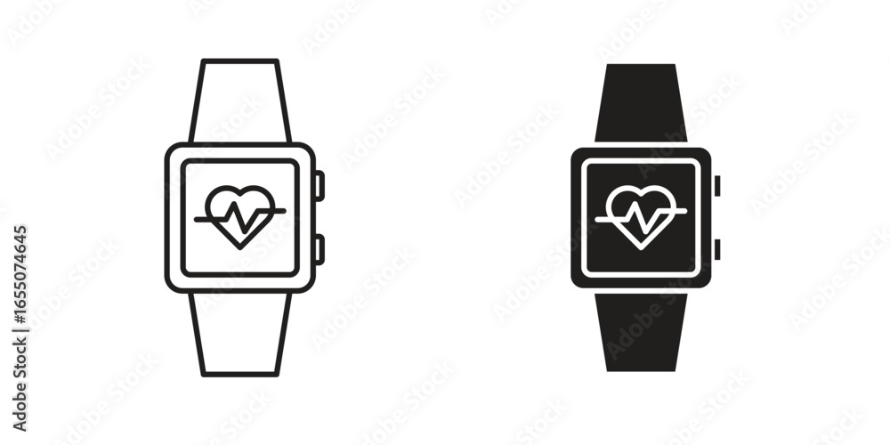 Poster two smartwatch icons displaying heart rate monitor data, one outline and one solid, isolated on whit