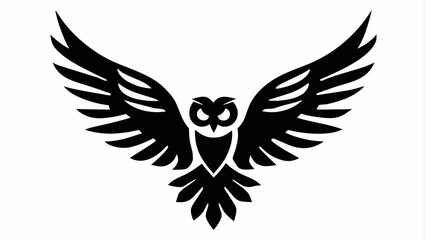 Obraz premium Stylized black owl with outstretched wings in a symmetrical design on a white background image view silhouette