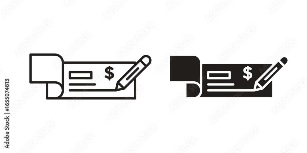 Poster Two variations of a check icon with a pencil, signifying writing or signing a check. Isolated on white.