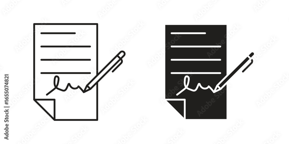 Poster simple vector illustration of a signed document and pen. line art and solid black versions included.