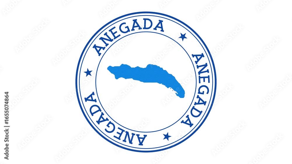 Poster anegada intro. badge with the circular name and map of island. anegada round logo animation.