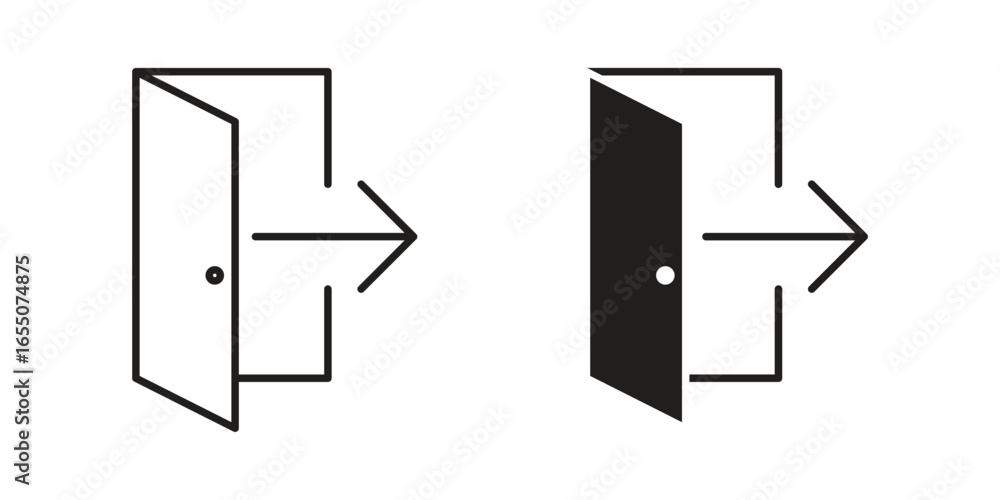 Poster two simple open door icons with right arrow indicating exit or entry. line art and solid black versi