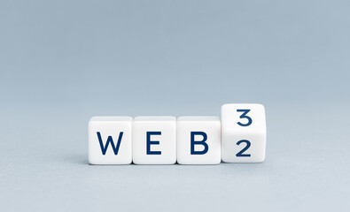 From web 2.0 to web 3.0 concept. Wooden blocks with text on gray background. Copy space