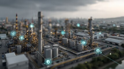 Naklejka premium Medium shot of a smart sensor network controlled by edge computing units foreground node crisp while expansive blurred industrial structures fill the background.