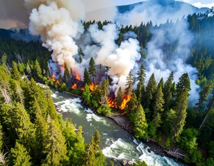 Fototapeta premium Aerial view of forest fire near river