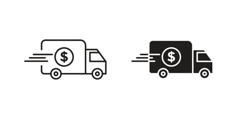 Two simple delivery truck icons with dollar signs, one line art, one solid, isolated on white.