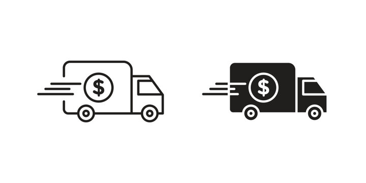 Two simple delivery truck icons with dollar signs, one line art, one solid, isolated on white.