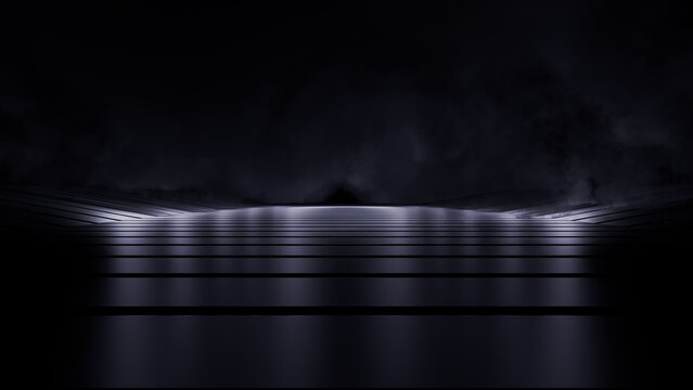 Dark futuristic smoke filled empty stage floor background. 3D Rendering