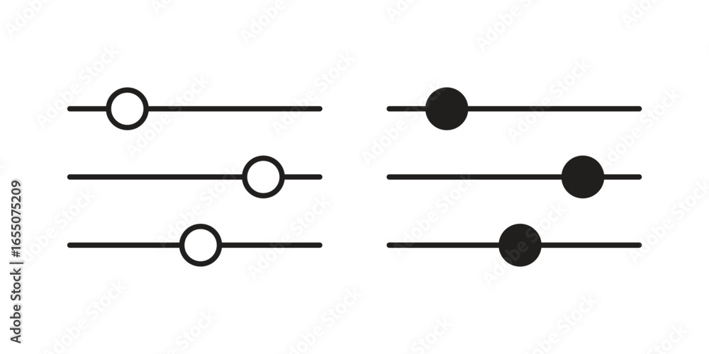 Poster set of six simple graphic slider controls with black and white circles. isolated on white background