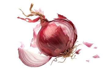 Fresh red onion with peel falling off isolated against white background for culinary use and design