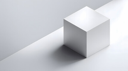 Minimalist white cube in a stark, modern architectural setting with dramatic shadows