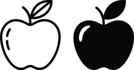 Two Apple Icons with Leaf and Stem, Outline and Solid, Transparent Background