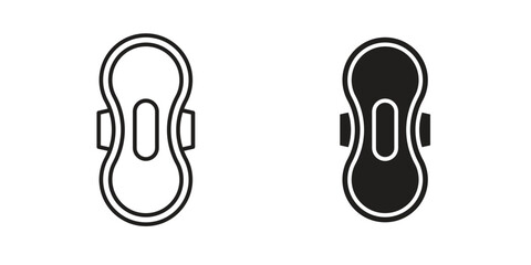 Pair of sanitary napkin icons, one line art, one solid black, isolated on white.