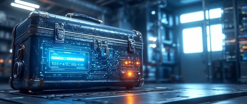 Futuristic Tech Tool Box with Holographic Interface Display in a Dark Industrial Setting